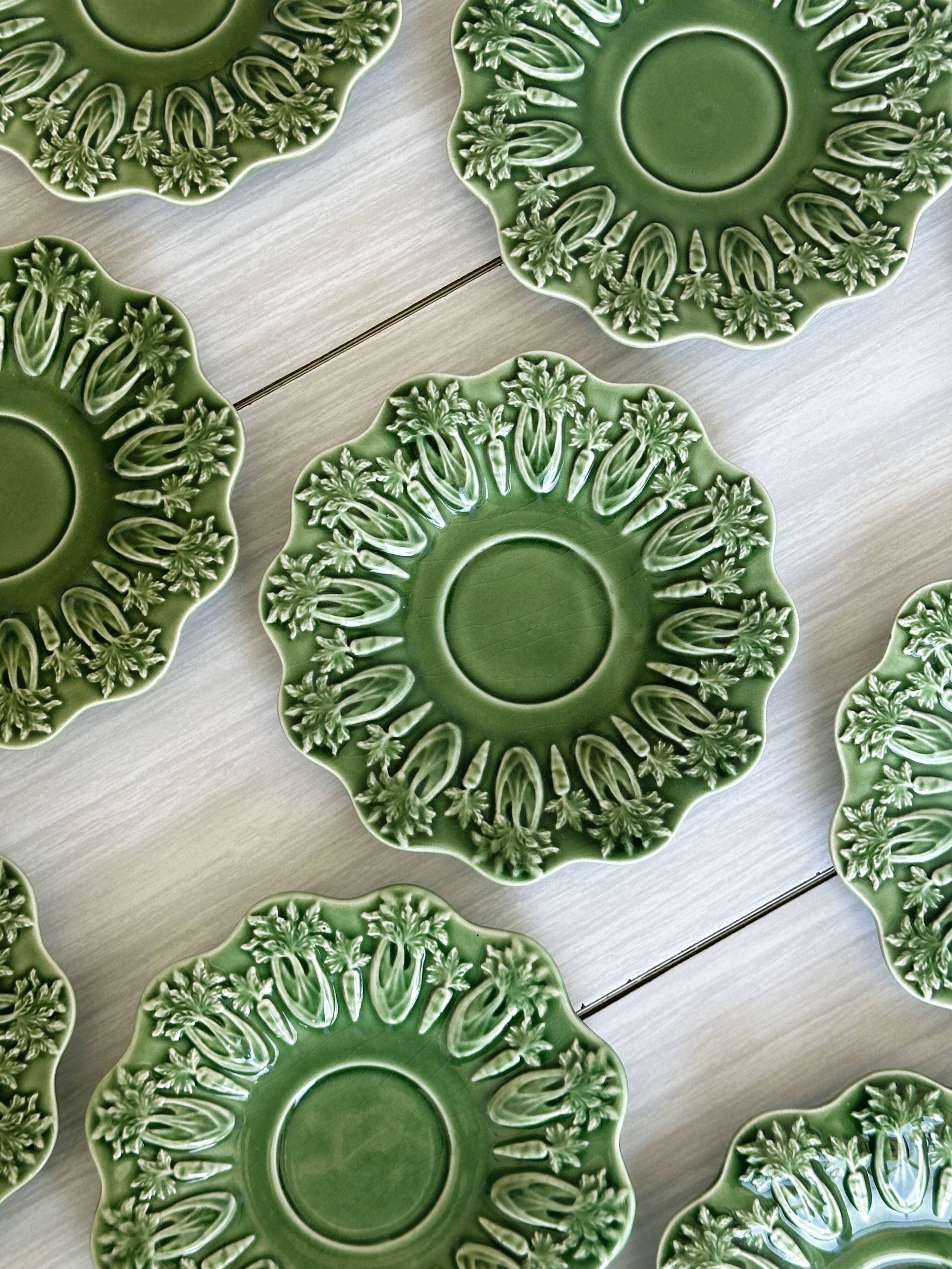 Set of 9 small old green earthenware plates