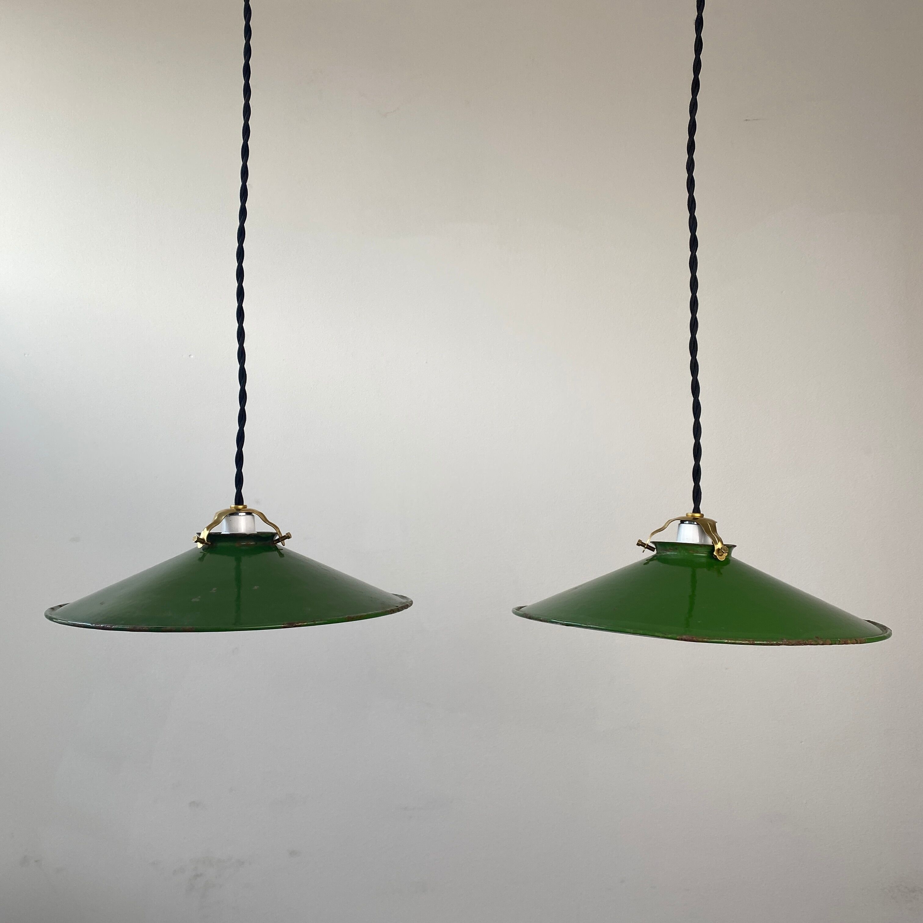 Pair of vintage industrial enamelled suspensions