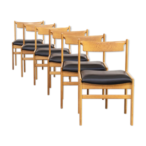 6 chaises à manger en chêne et en skaï pour Bramin