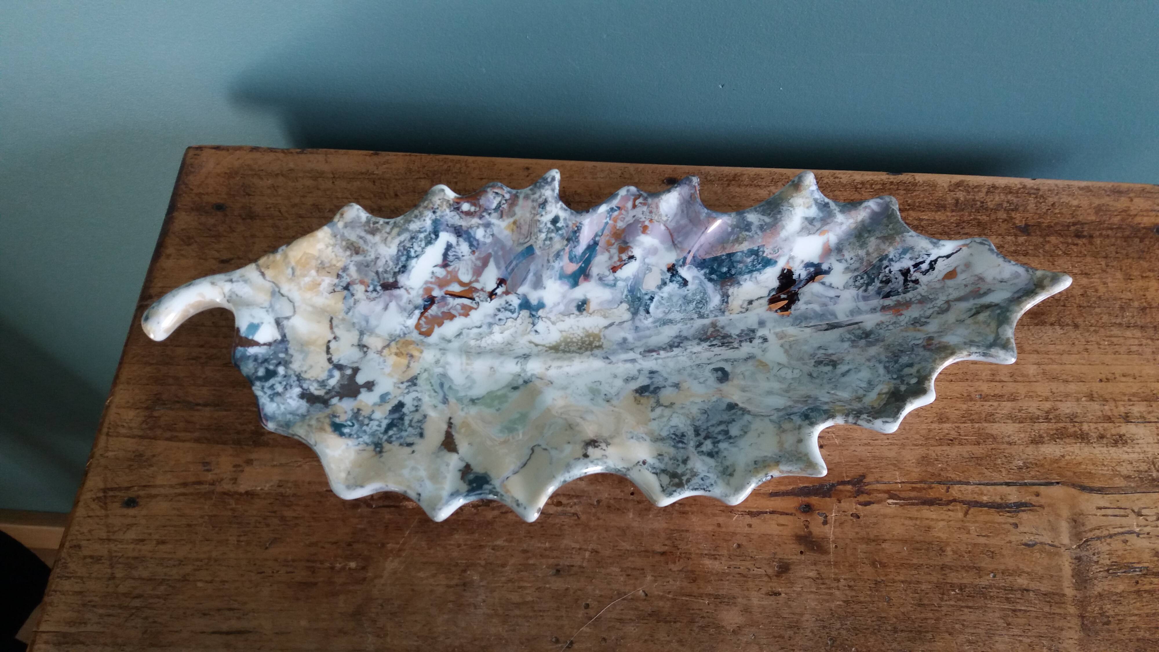 Iridescent enamelled leaf catchall, signed Gfredy.