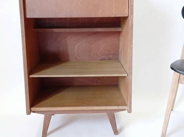 Secrétaire vintage années 1960 design incliné bois clair pieds compas