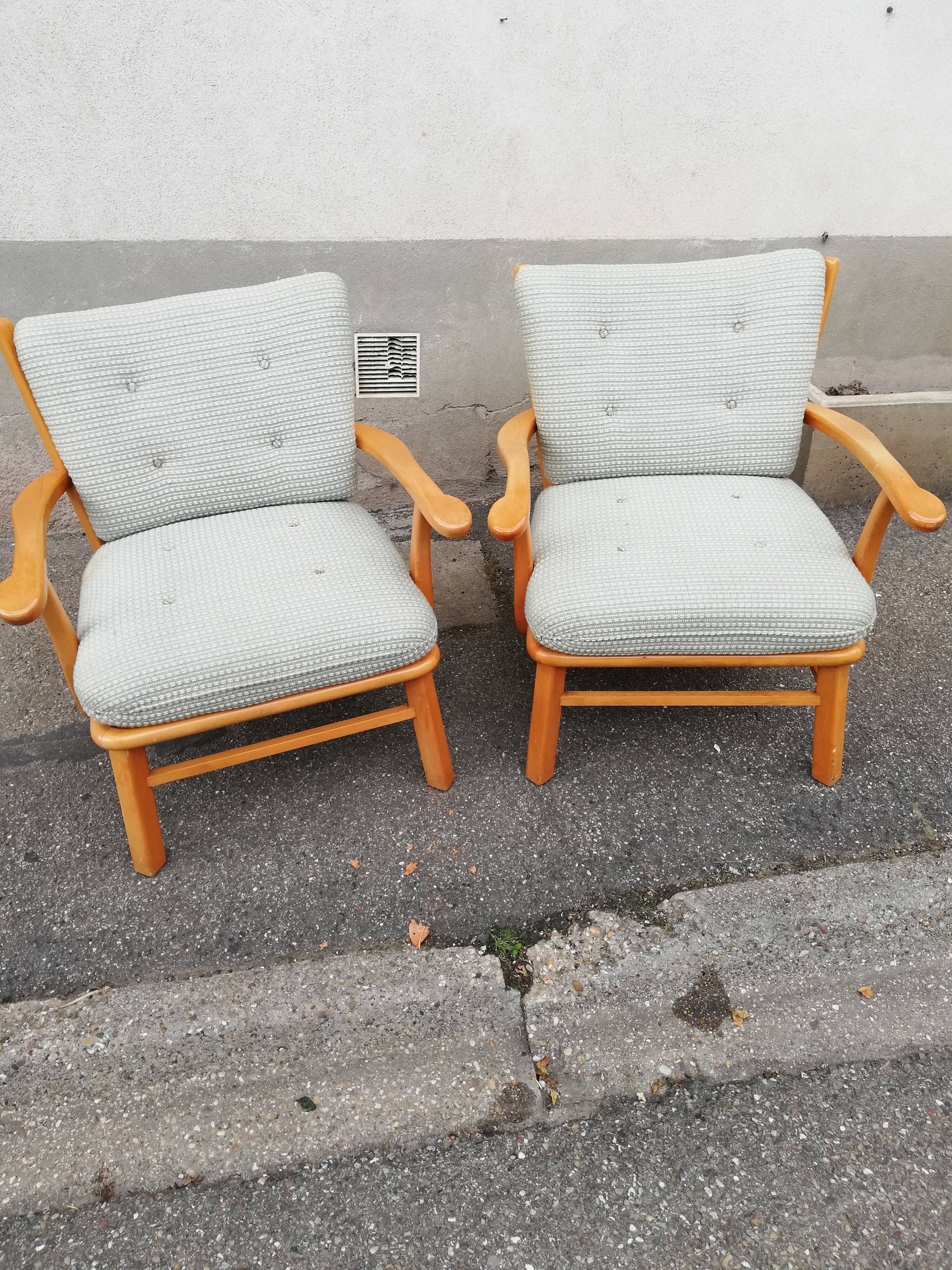 Pair of vintage pastel green fabric armchairs