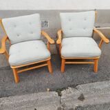 Pair of vintage pastel green fabric armchairs