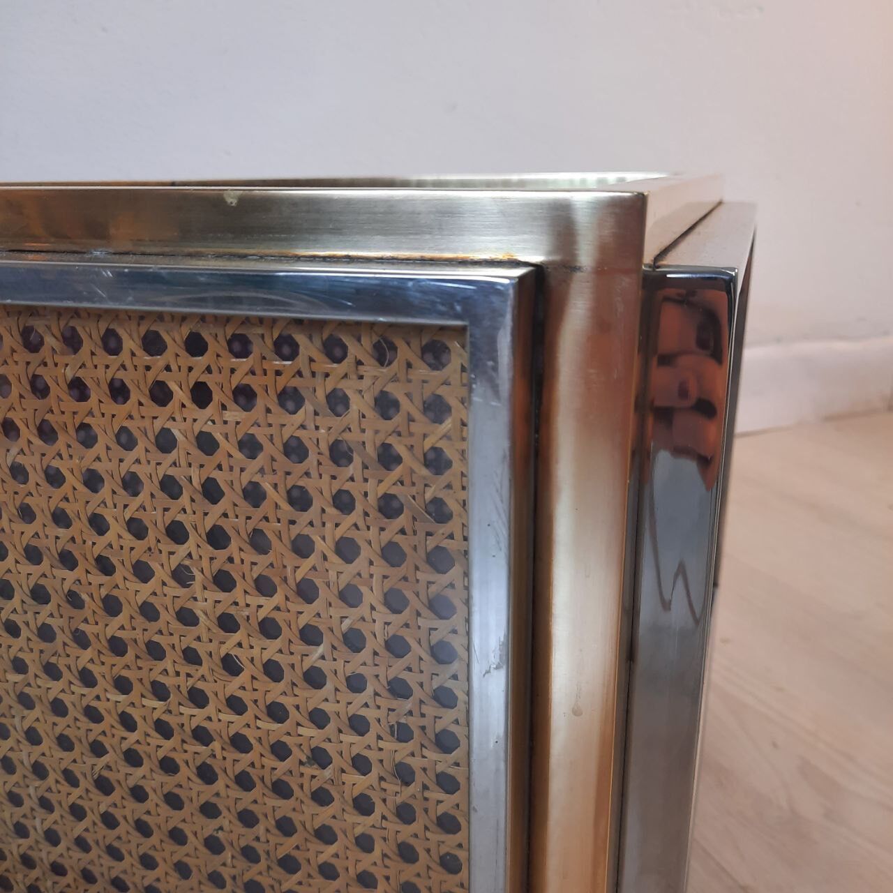 Planter, vintage storage with lightweight wheels, straw, brass and steel, hollywood regency