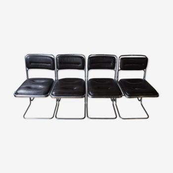 4 chairs chromed metal and black leather suite