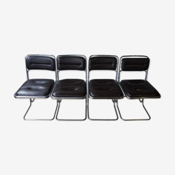 Suite de 4 chaises métal chromé et cuir noir