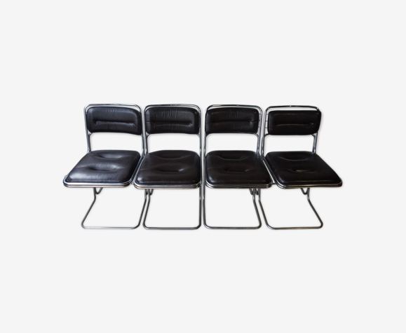 Suite de 4 chaises métal chromé et cuir noir | Selency