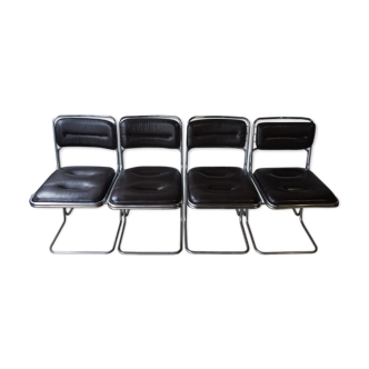 Suite de 4 chaises métal chromé et cuir noir