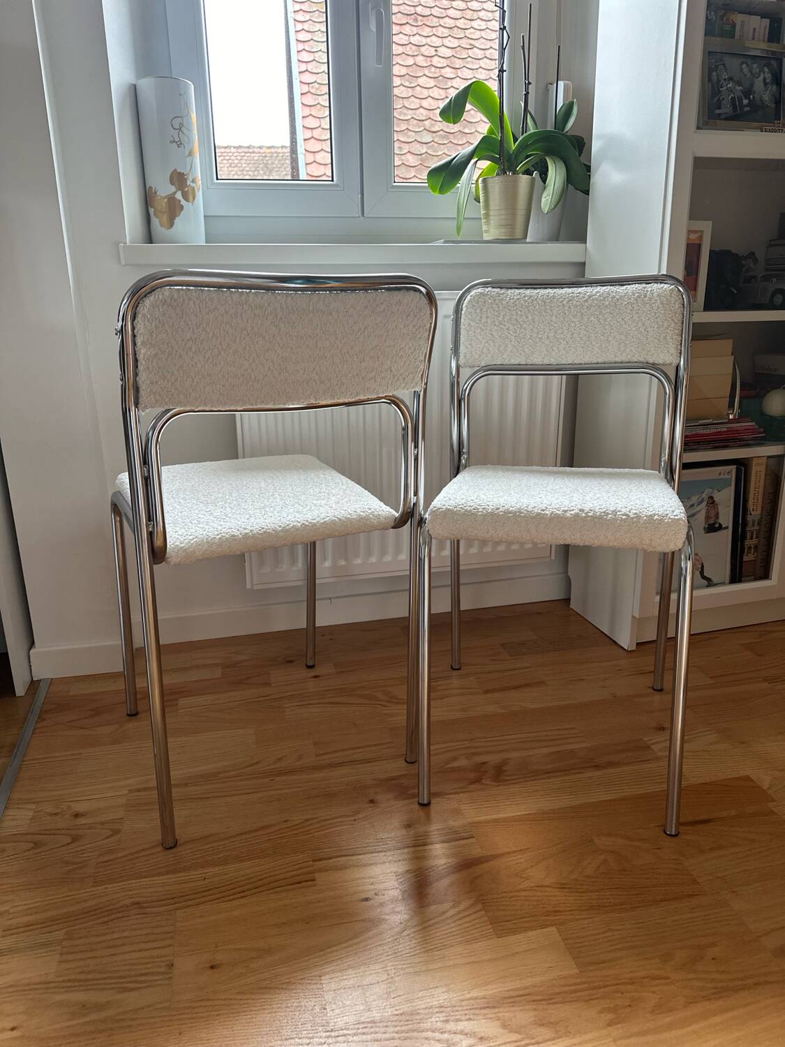 Pair of chrome bouclette chairs