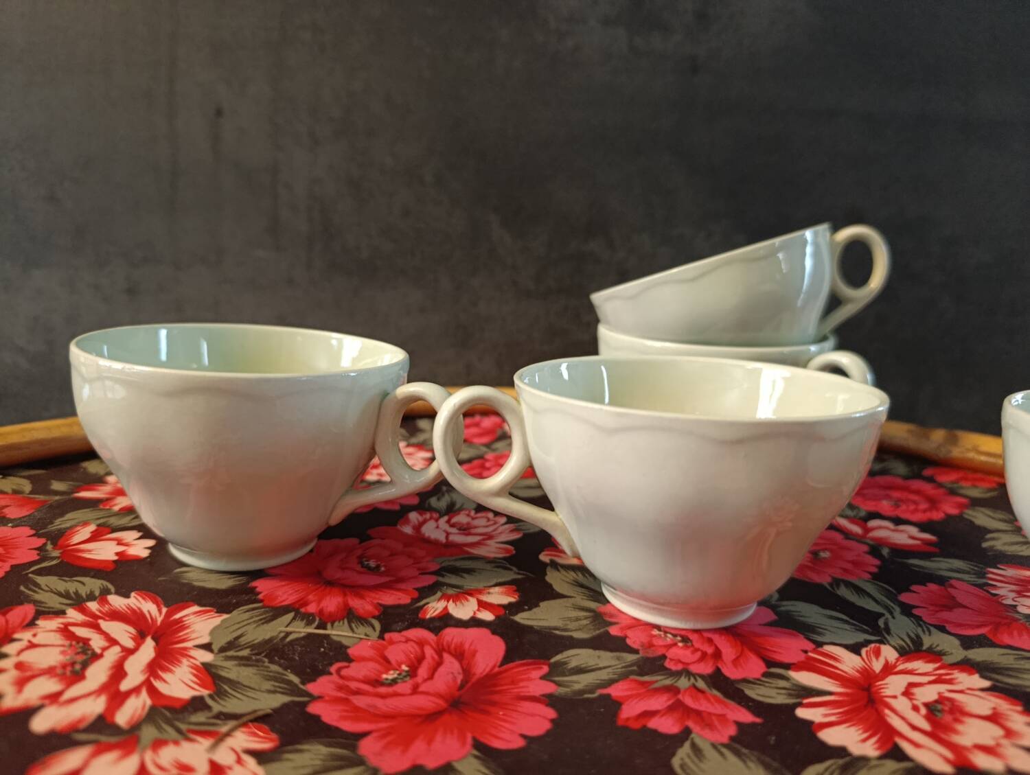 5 pale green cups | almond petals | Grindley England 1950