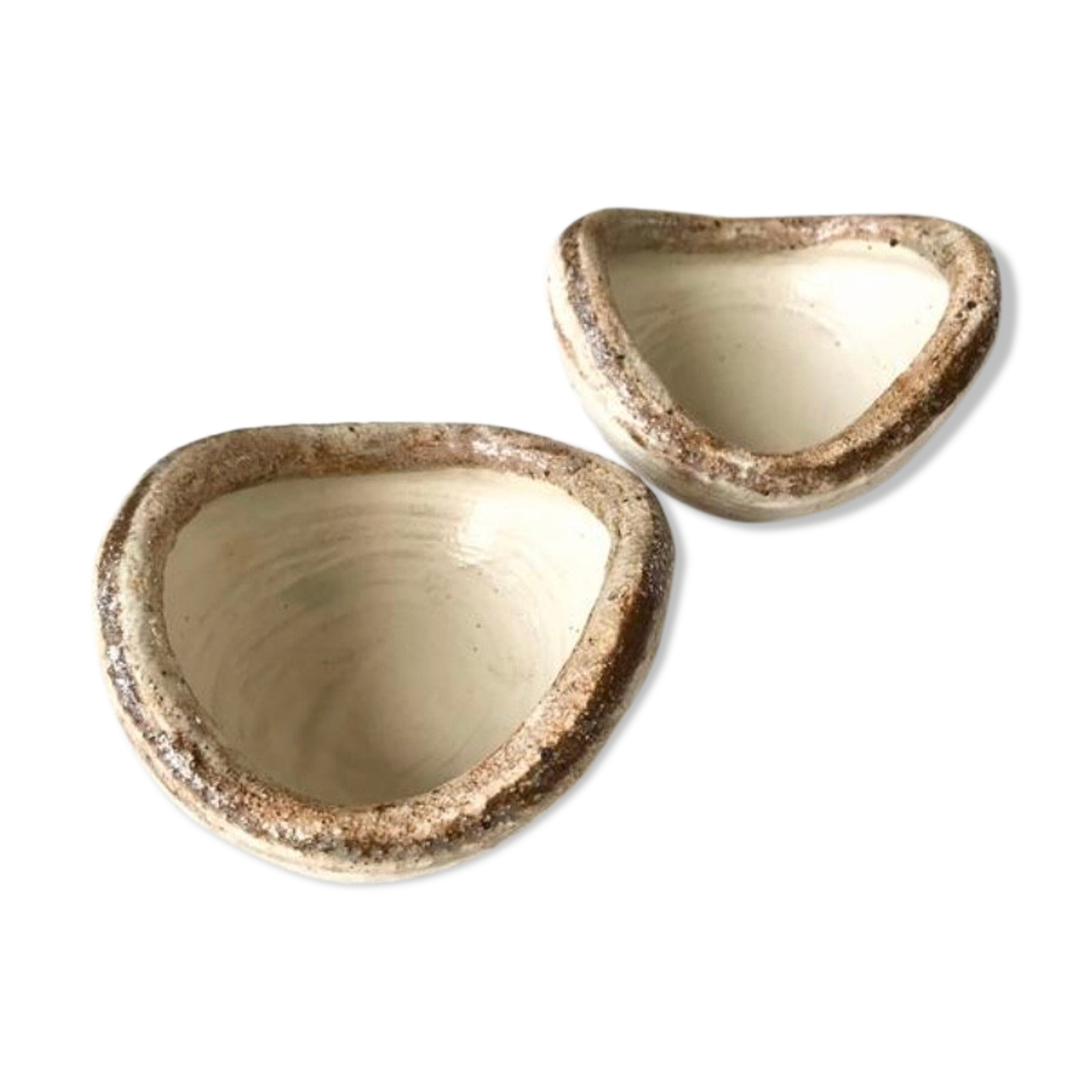 Pair of Asian handmade cups in beige and brown sandstone