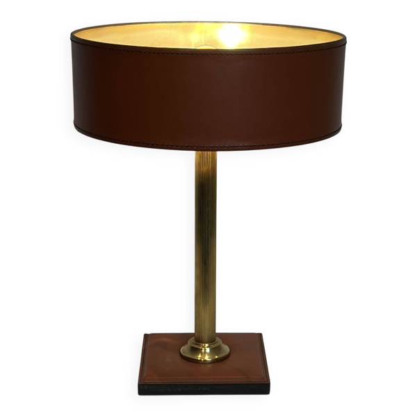 Lampe de Bureau en Cuir Marron Camel et Laiton Cannelé, dans le Goût de Jac