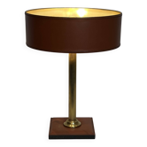 Brown Camel Leather and Fluted Brass Desk Lamp, in the Style of Jac