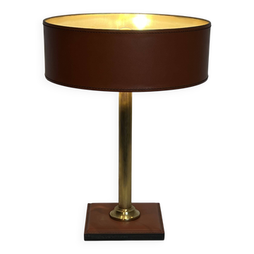 Lampe de Bureau en Cuir Marron Camel et Laiton Cannelé, dans le Goût de Jac