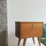Wooden bedside table with vintage compass legs