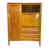 Vintage 1960s wooden and rattan secretary wardrobe chest of drawers.