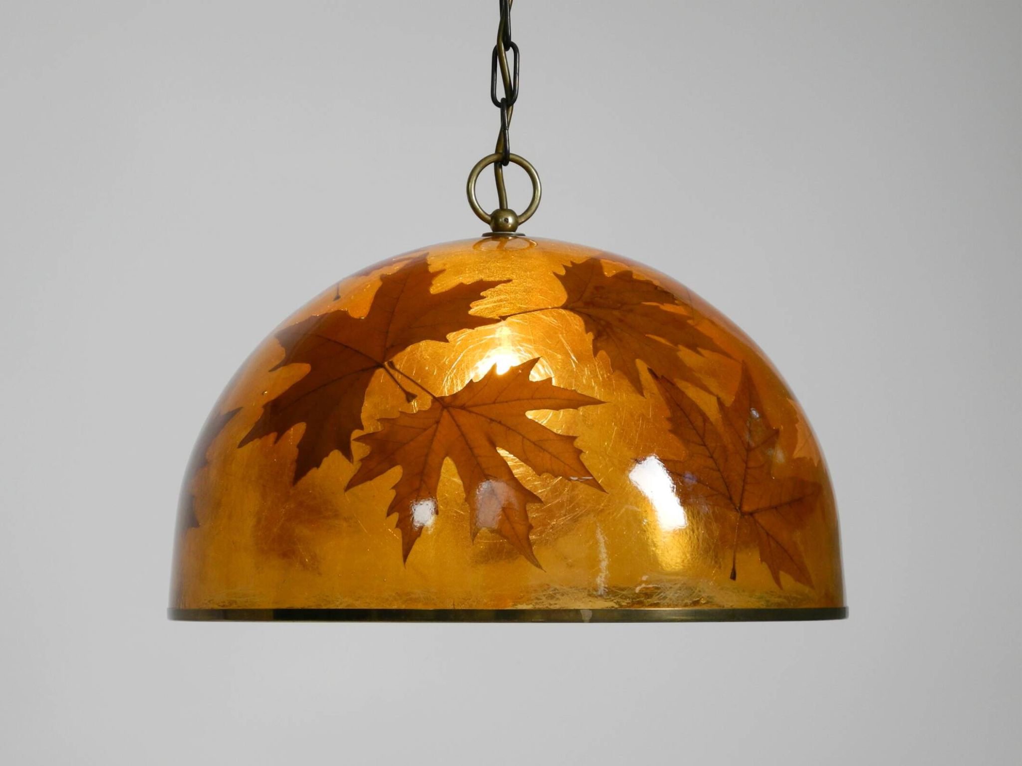 Rare, large 1970s Italian resin pendant lamp with embedded maple leaves