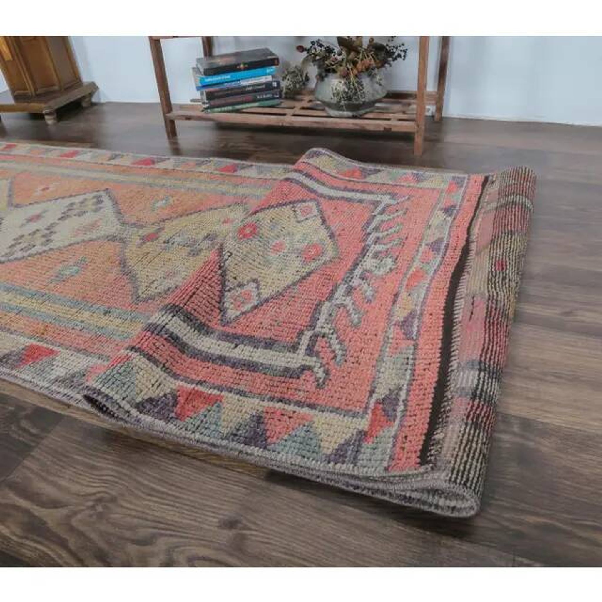 Vintage natural pink Turkish hand-knotted Herki runner 78x390