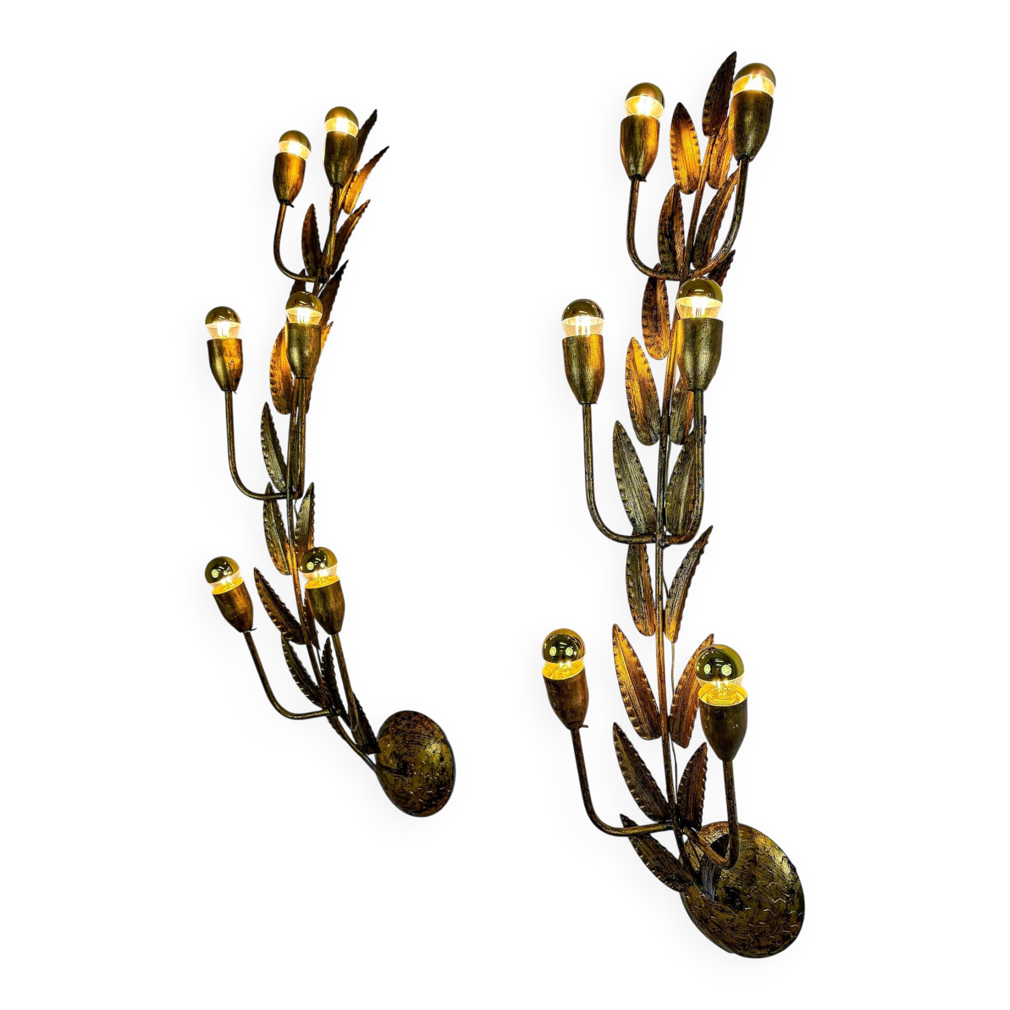 Pair of gilded floral wall lights by Ferro Arte, XL size, Spain, 1960s