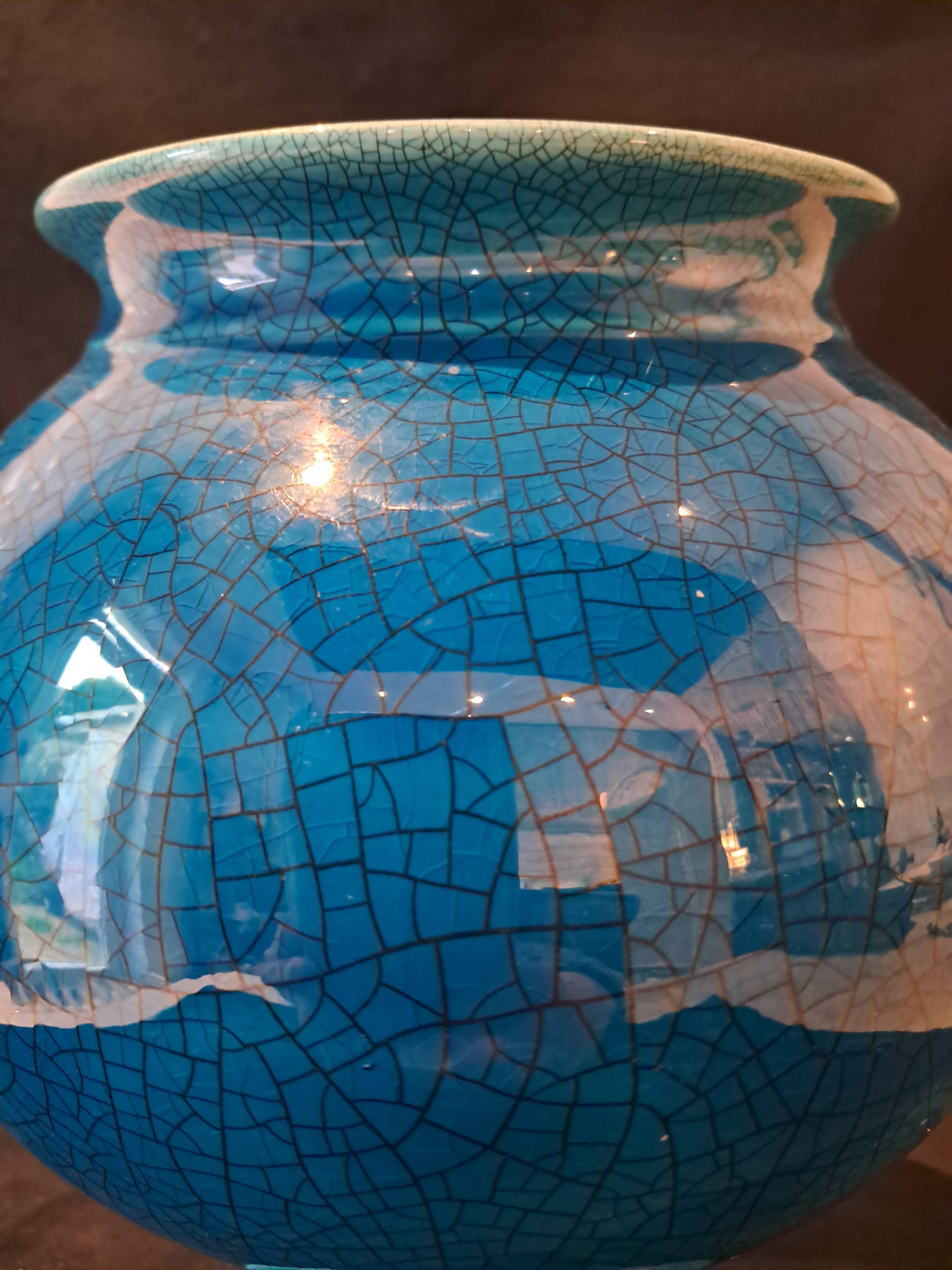 Large Turquoise Crackle Earthenware Footed Bowl Vase