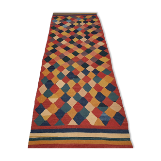 Turkish Kilim Runner 10.x2.9 feet 328x087 cm Red Green Yellow Vintage Runner Accent Kilim