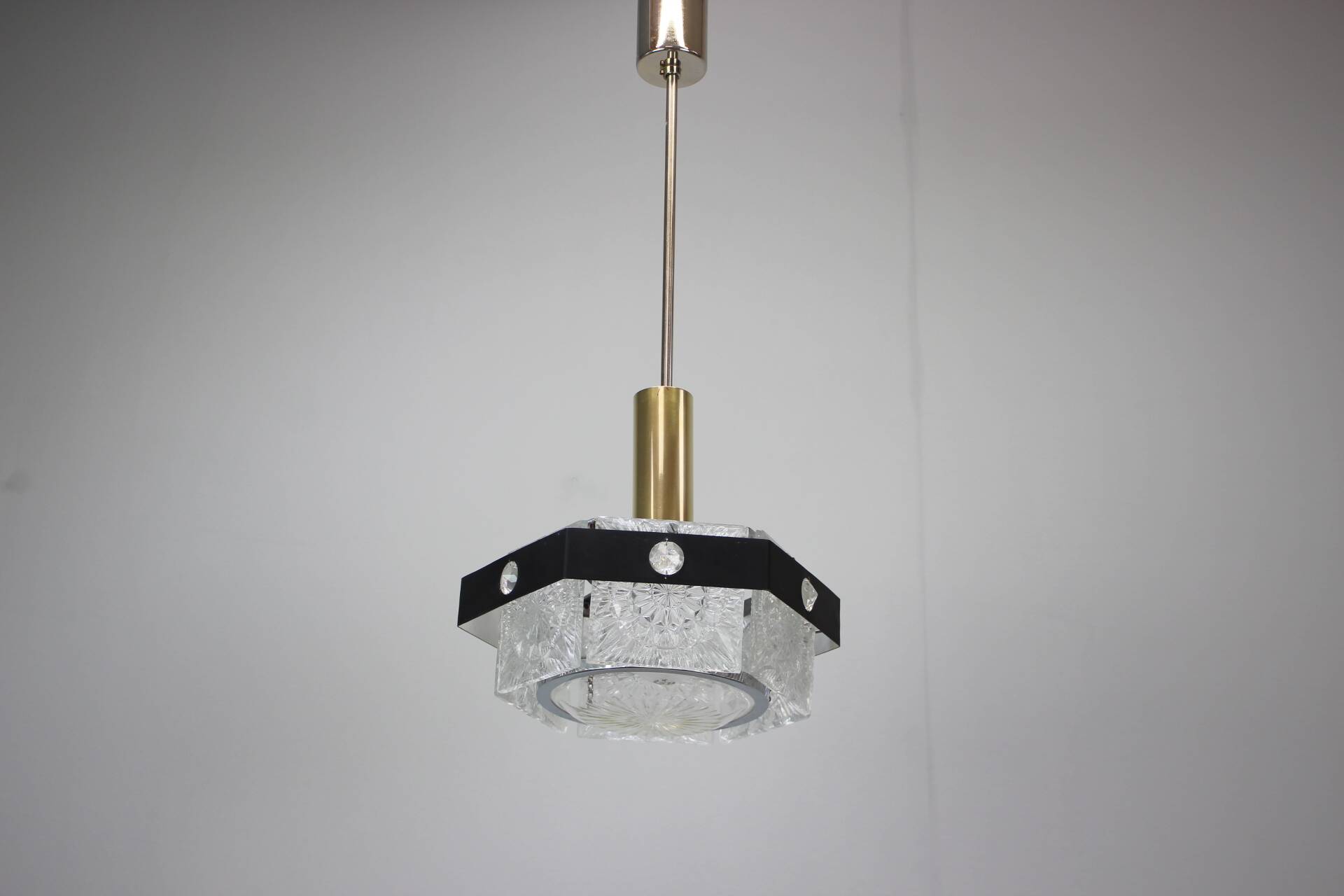 1970s Czechoslovak Kamenický Šenov Cut Glass and Chrome Pendant Light