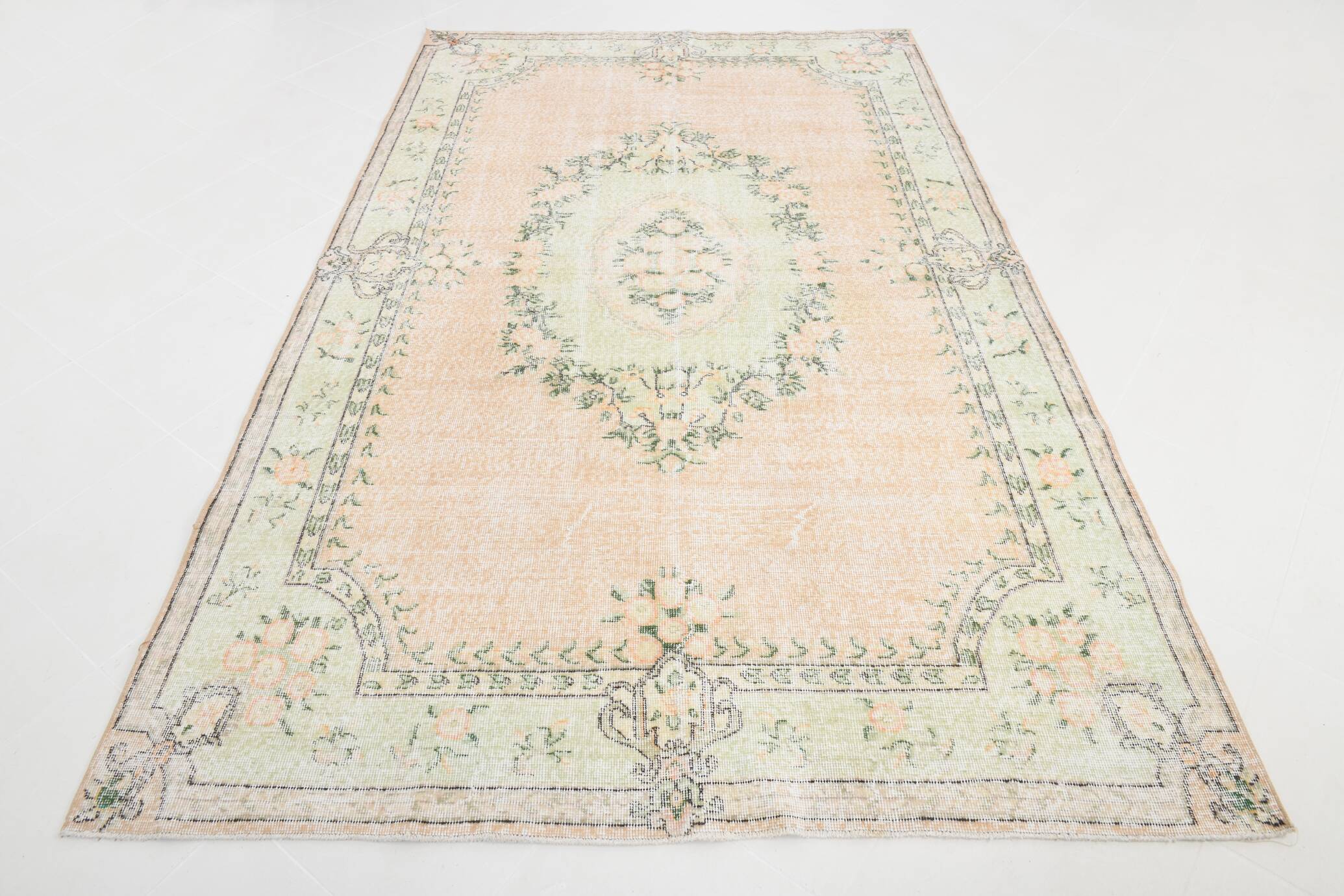 Soft Peach Muted Wool Vintage Rug For Home Decor, 184x292 Cm