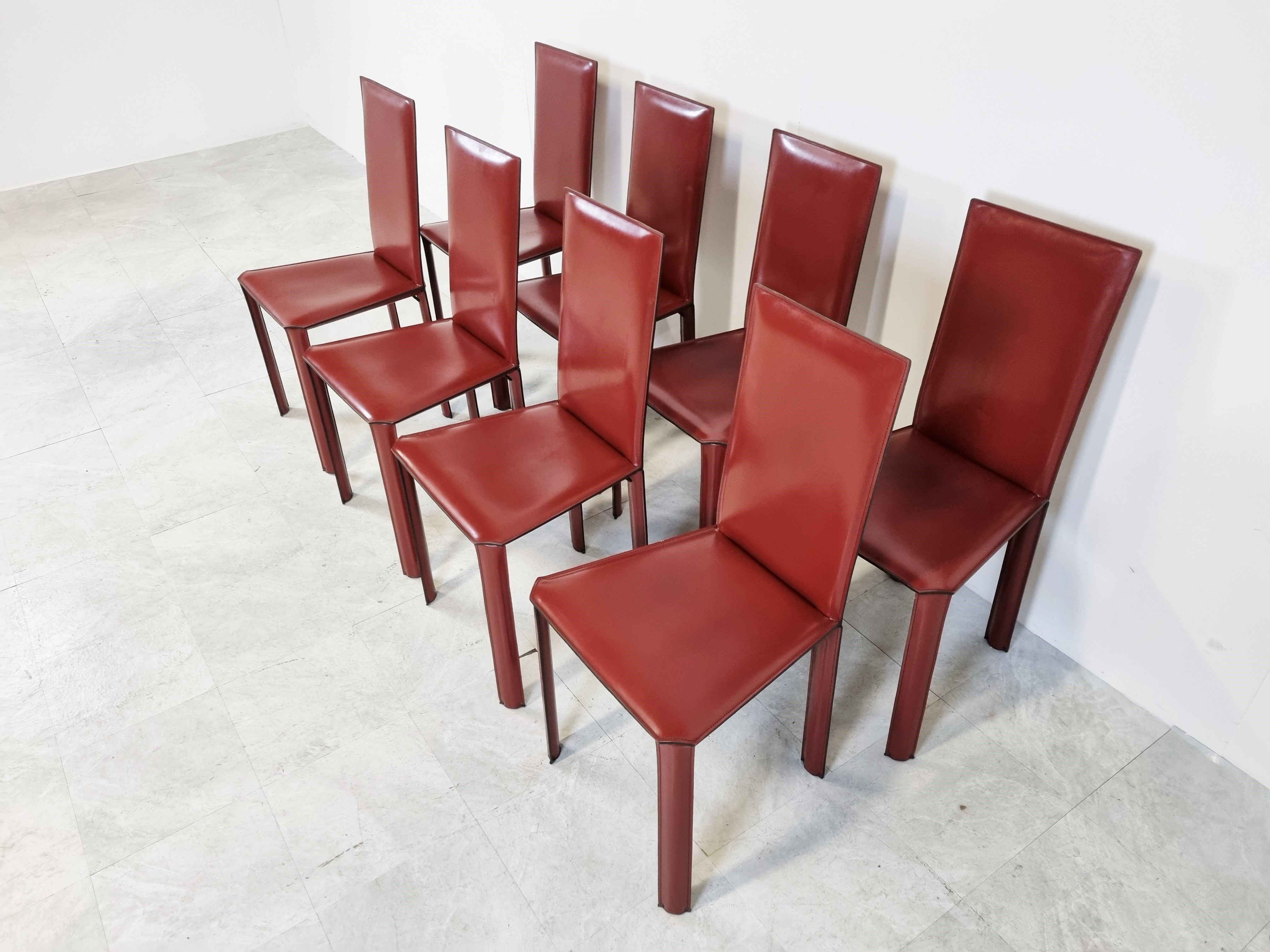 Red leather dining chairs by De Couro Brazil, 1980s - set of 8