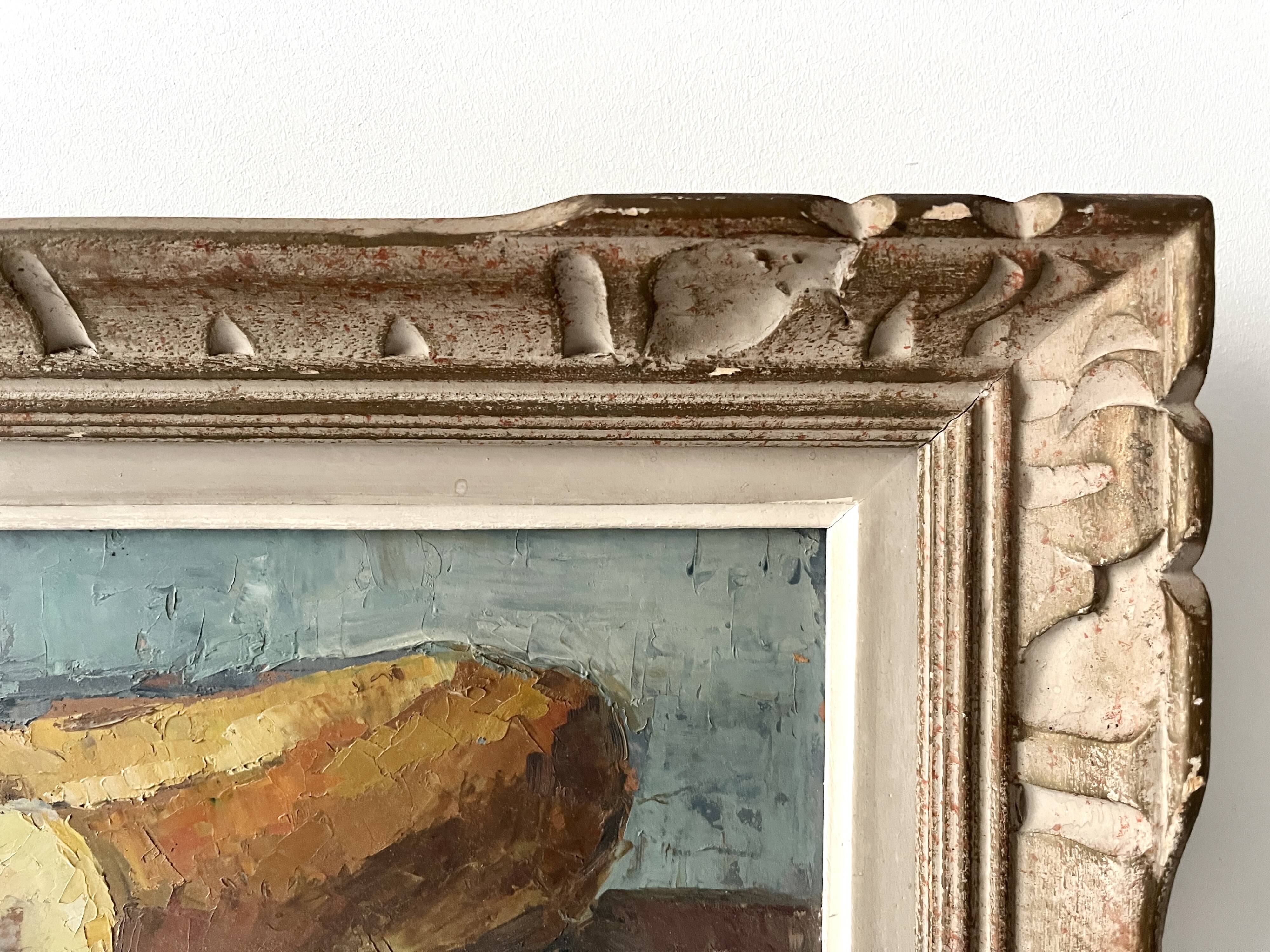 Oil on canvas still life with a baguette and sausage from the 1940s.