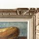 Oil on canvas still life with a baguette and sausage from the 1940s.