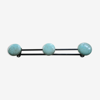 Old metal wall coat rack with 3 blue hooks / 50s-60s / vintage