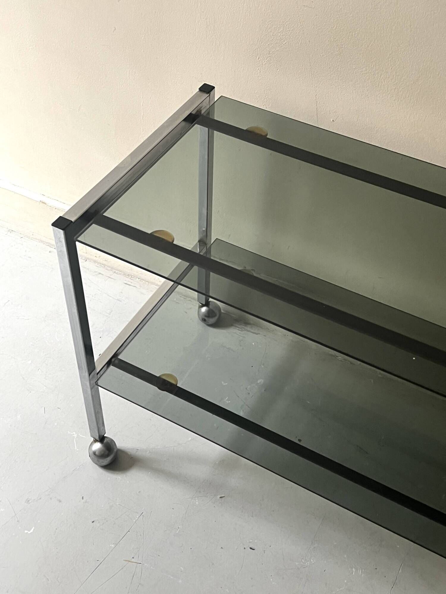 Low hi-fi/TV trolley in chrome and smoked glass, 1970s design