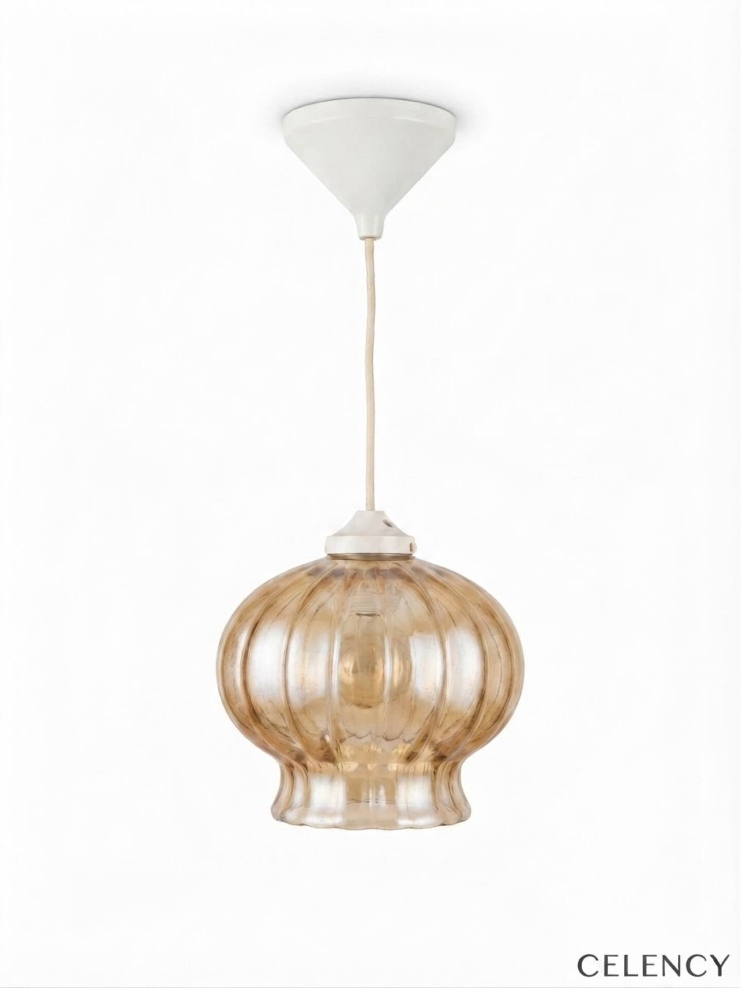 Vintage ribbed amber blown glass pendant - 1970s