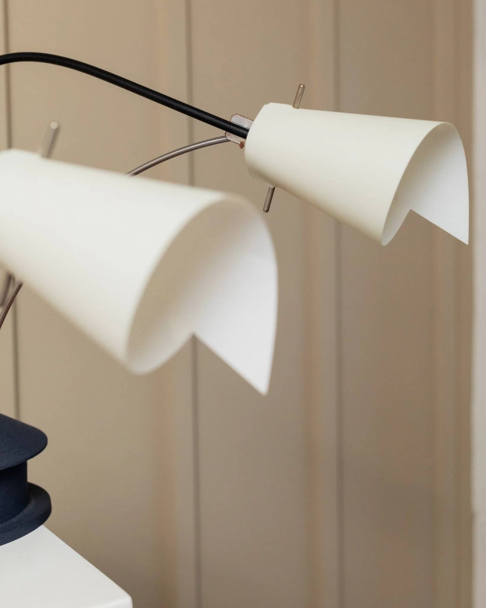 Vintage blue metal table lamp with adjustable chrome neck and white plastic origami shade, 1980s Italy