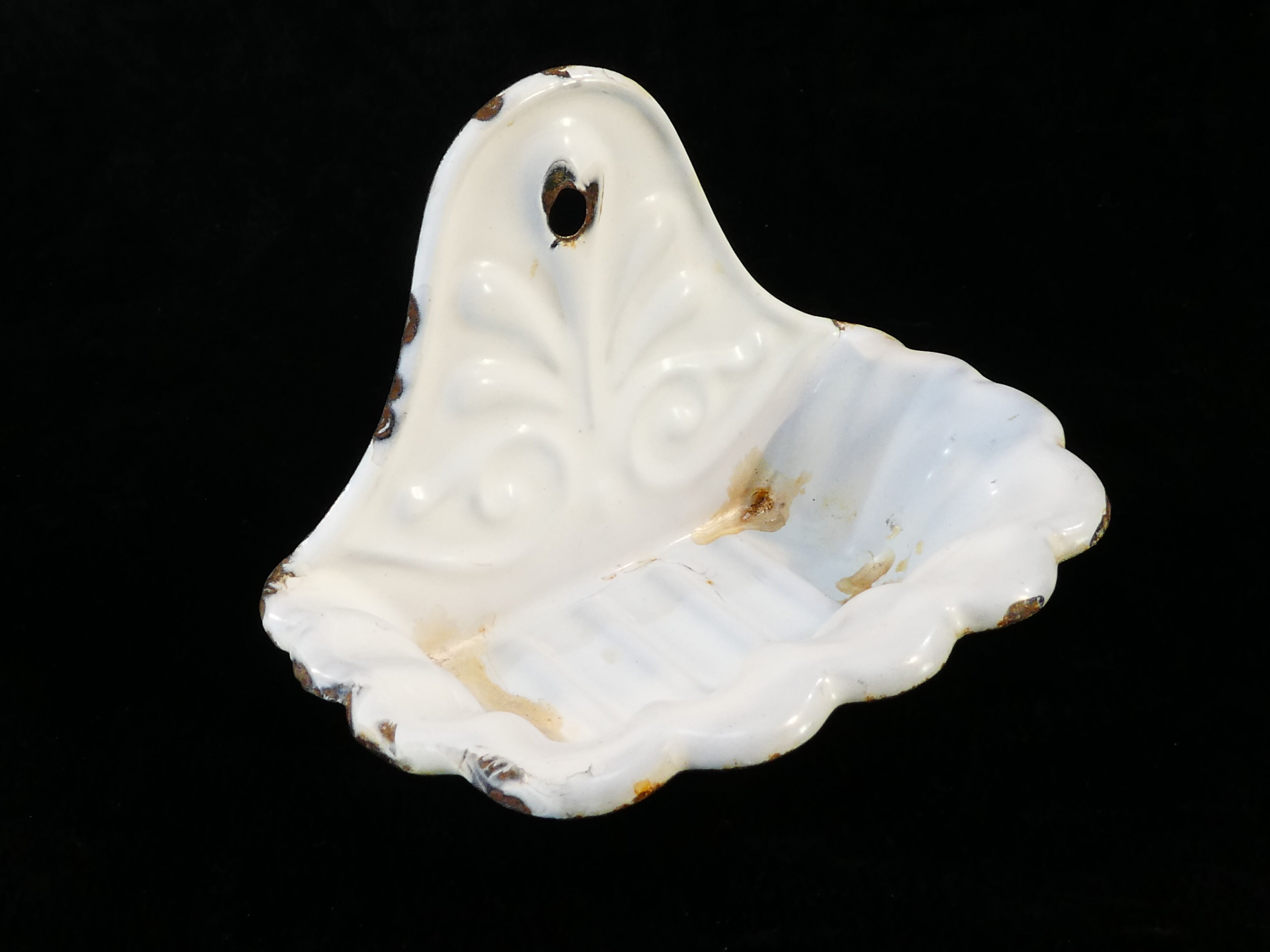 Old white enamelled sheet soap dish