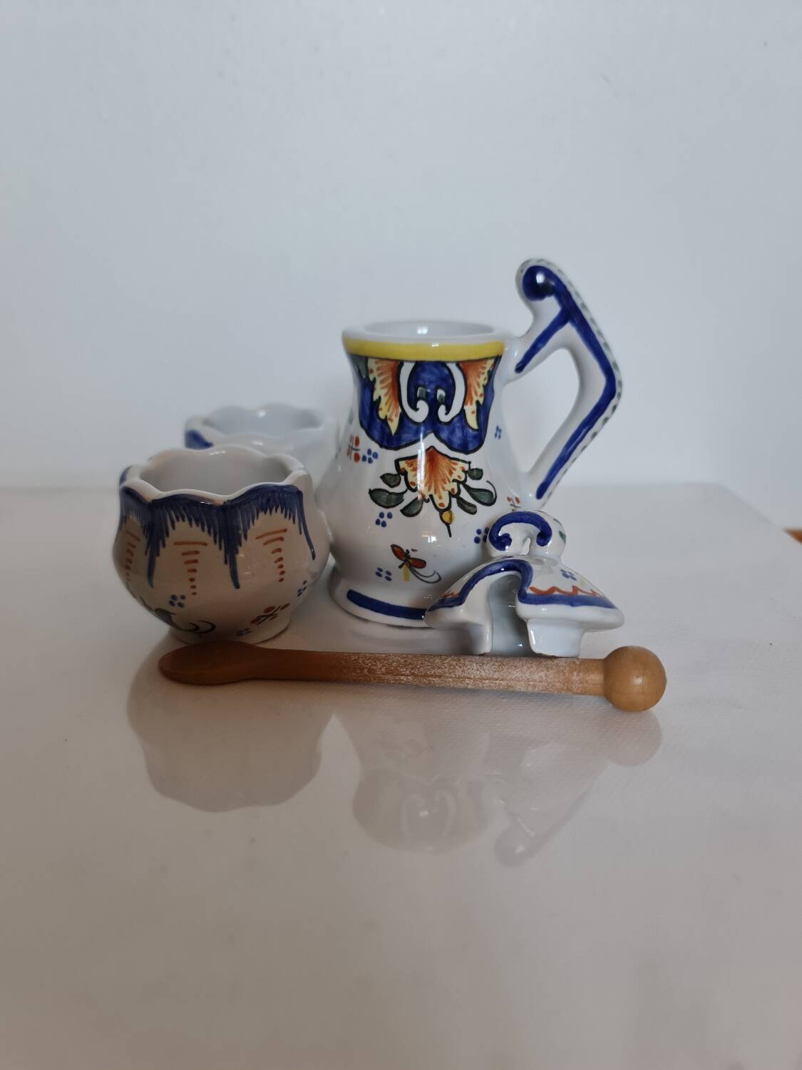 Mustard, salt and pepper shaker set with Rouen decor