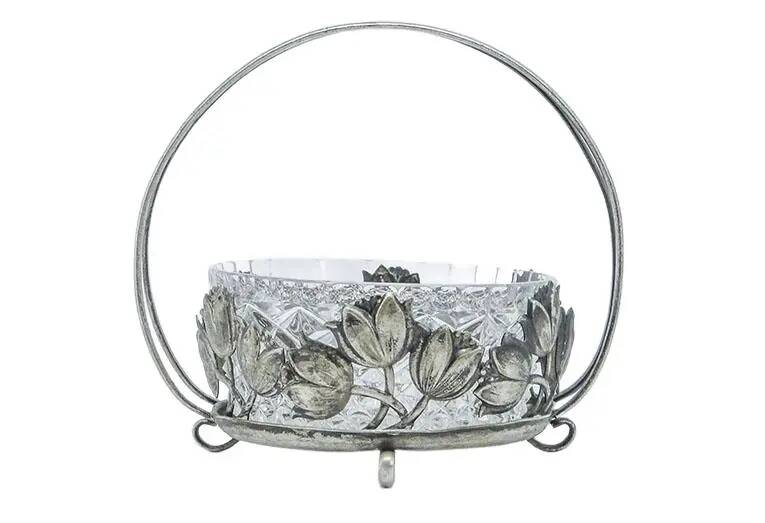 Postmodernist sugar bowl, silver-plated brass, glass, Poland, 1970s
