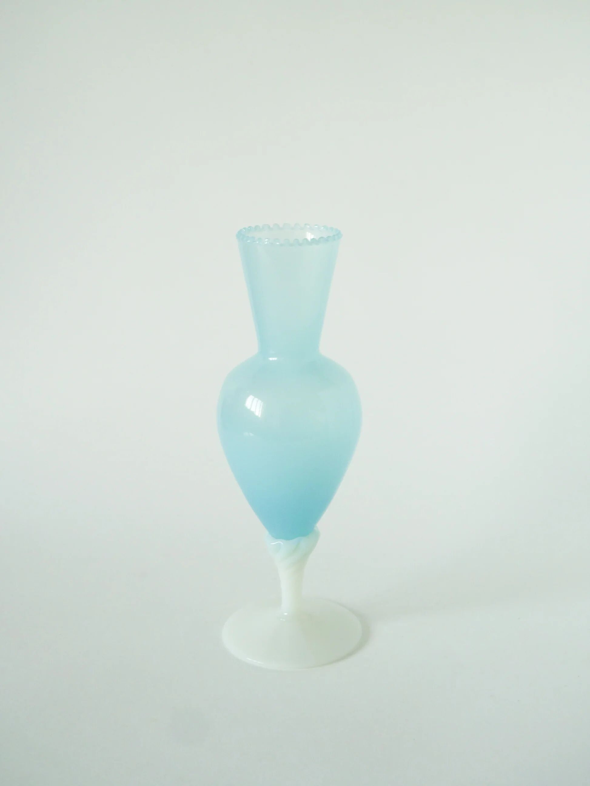 Opaline vase with twisted feet, sky blue and white, 1960.