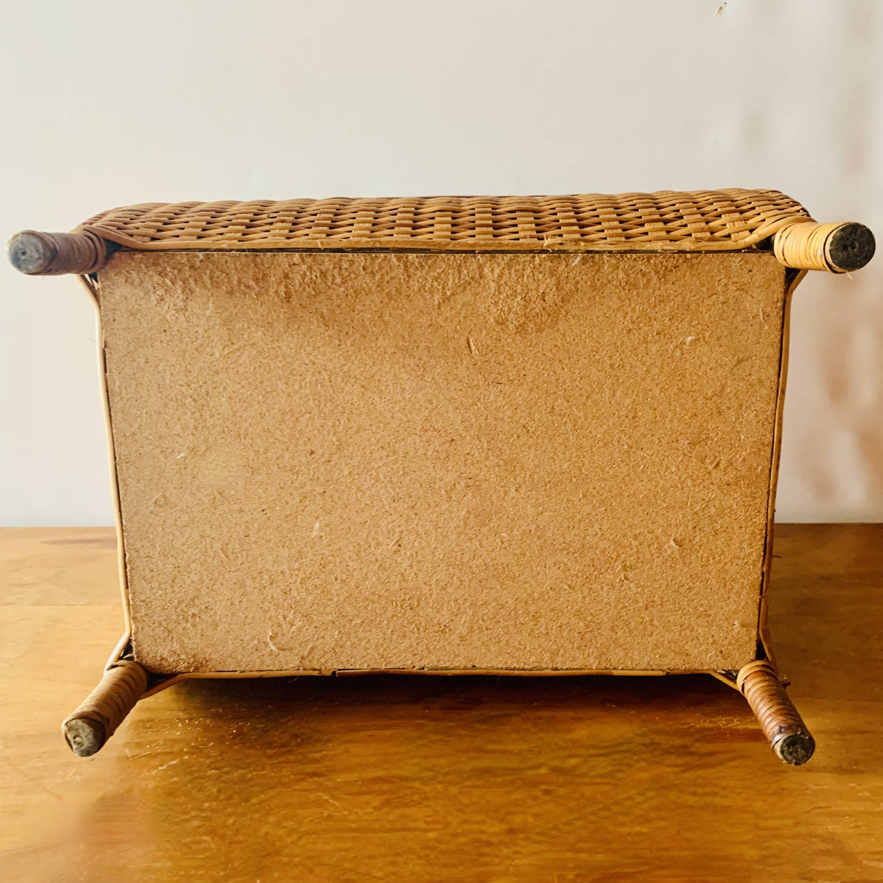 Large vintage rattan and wicker sewing basket with fabric seat