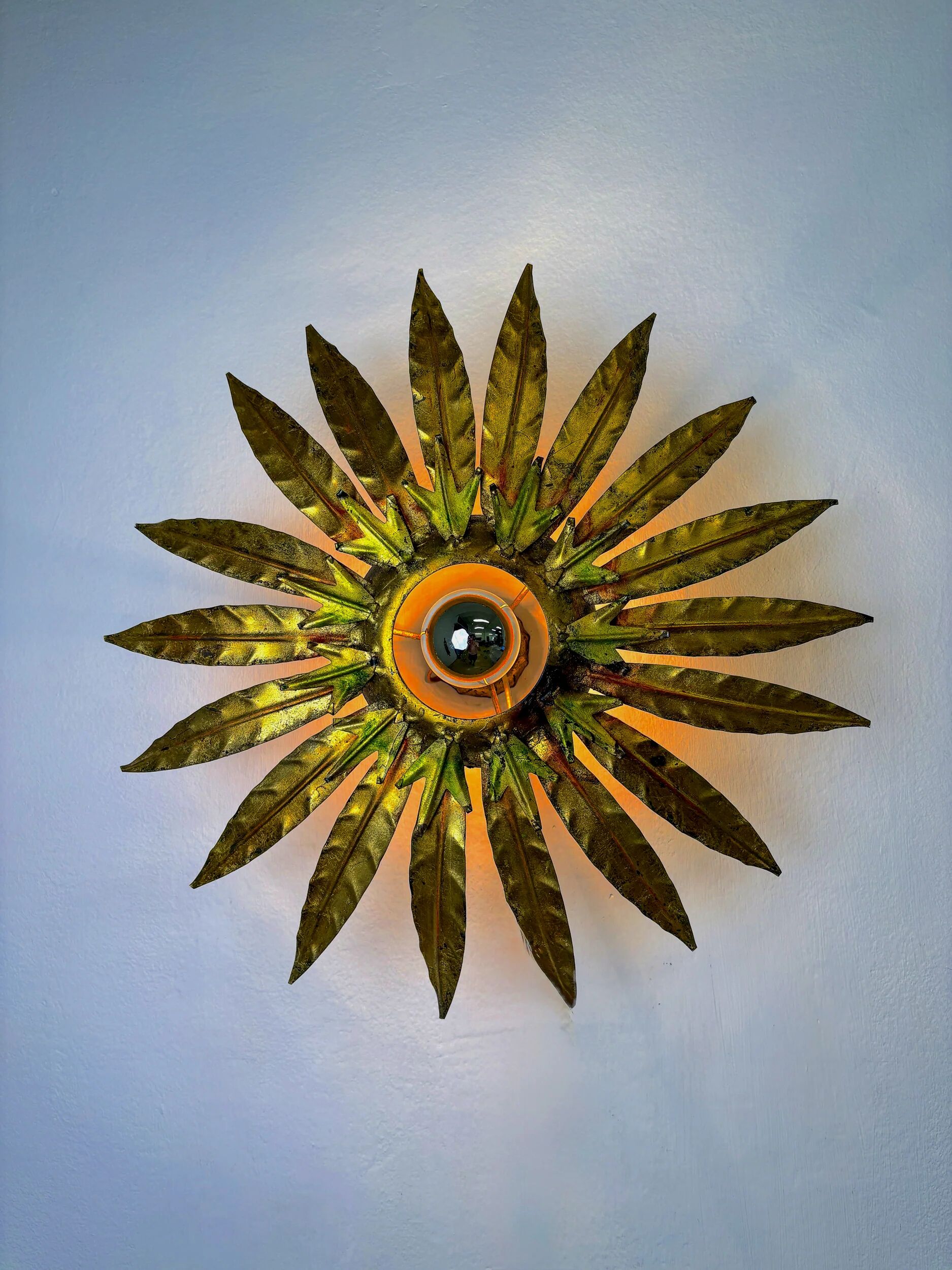 Mid-century modern sunburst light fixture with leaves, French craftsmanship, 1950s