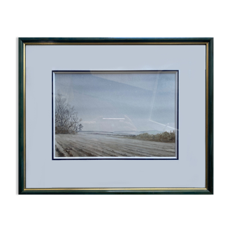 Watercolor painting "Icaunais Landscape" by Roger Hirsch - Burgundy + frame