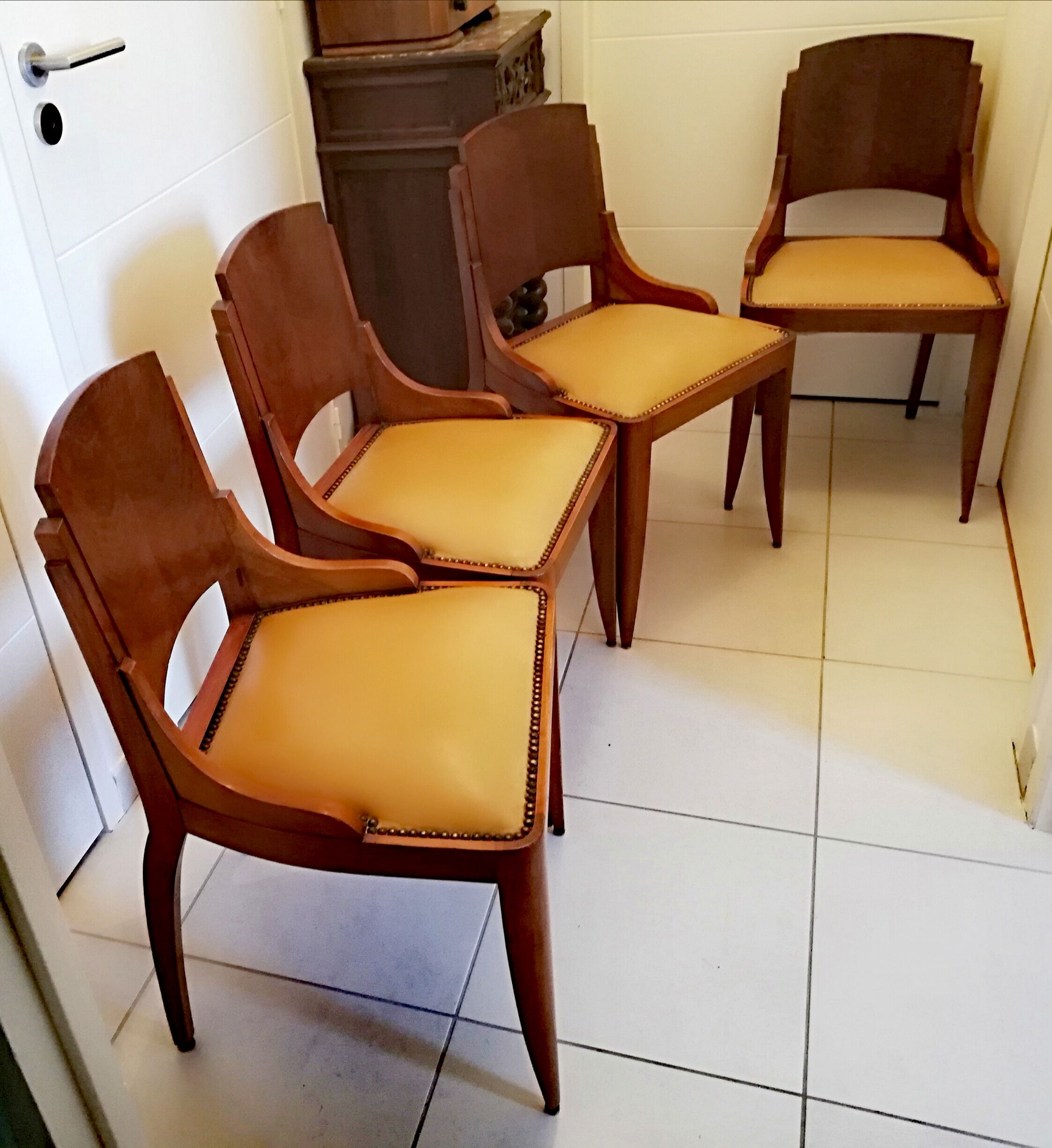 4 vintage 40s solid wood chairs and leather seating