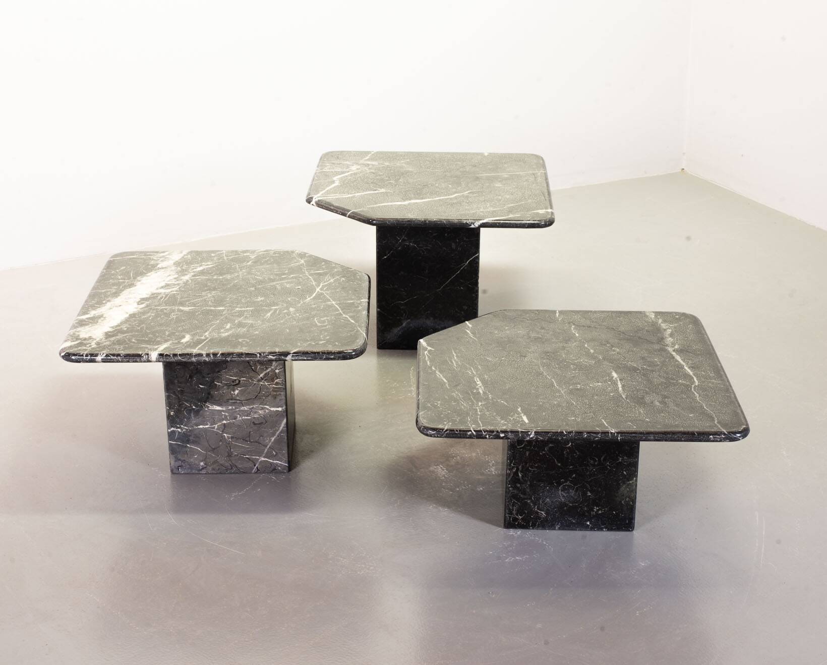 Italian Trio of Black Carrara Marble Side Tables with Oblique Angle, 1970s.