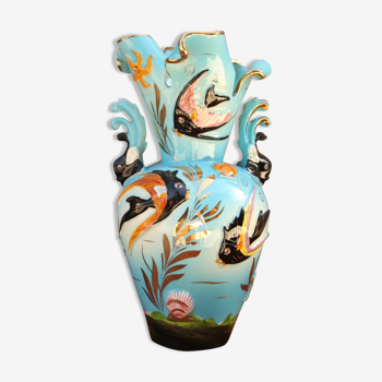 Monaco blue ceramic vase with fish decoration