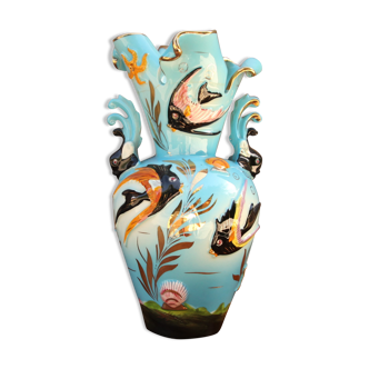 Monaco blue ceramic vase with fish decoration