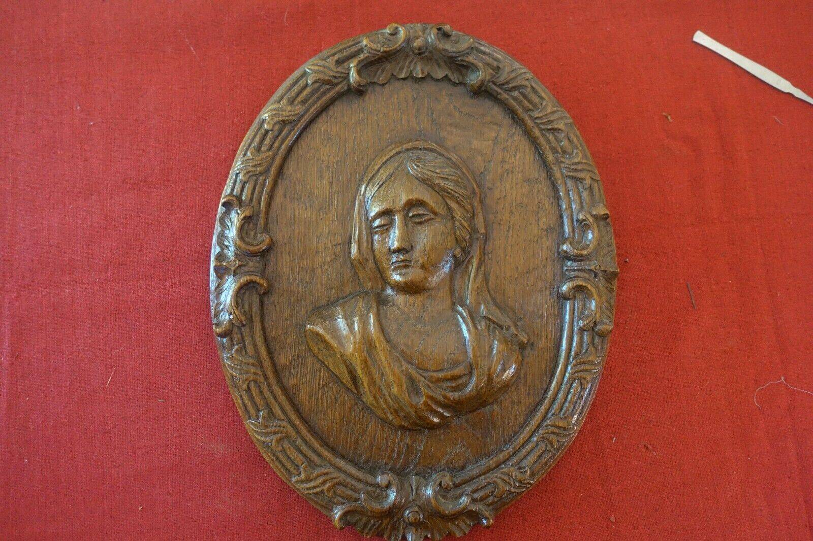 large medallion XVIII/XIX bas relief wood sculpture woman/mary