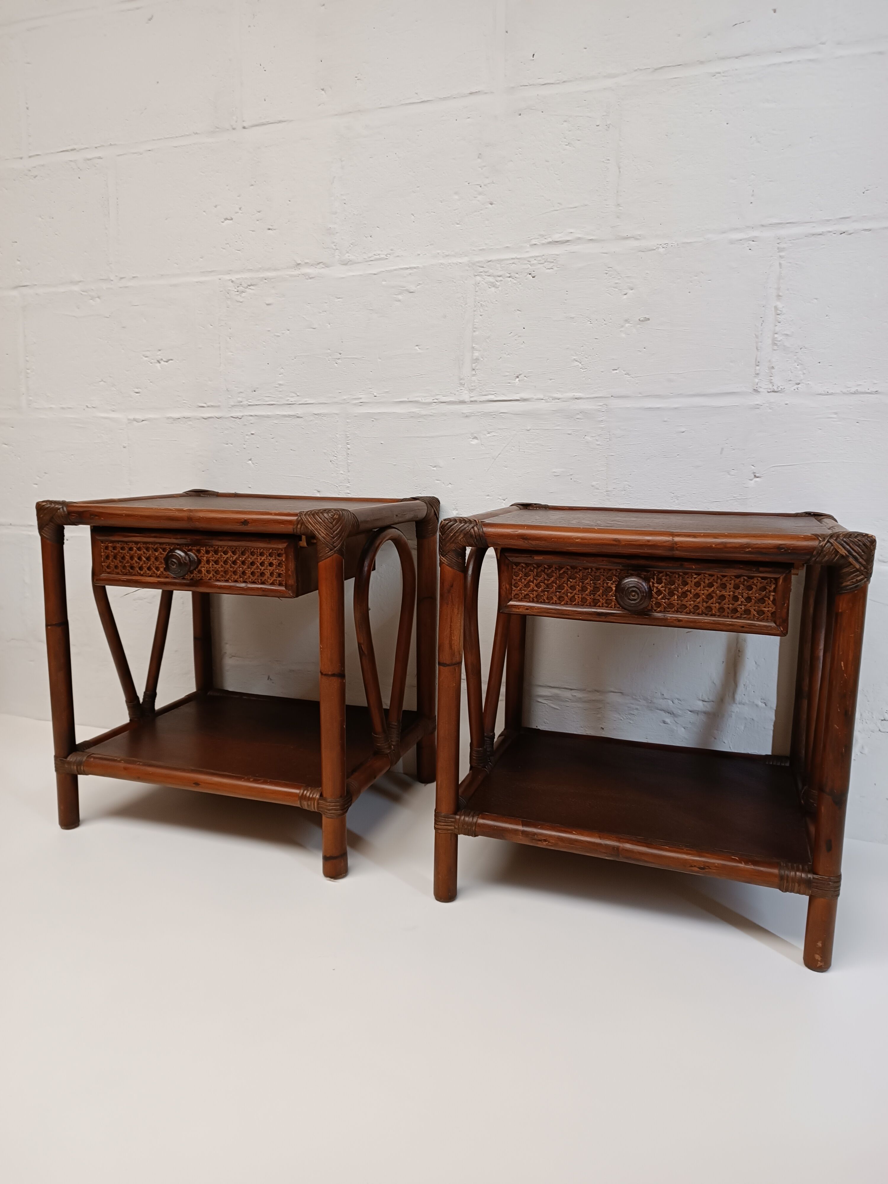 Pair of wooden bedside tables, bamboo and canning