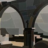 Huile sur toile Alain L'Hermitte Lhermitte architecture géométrique XXe