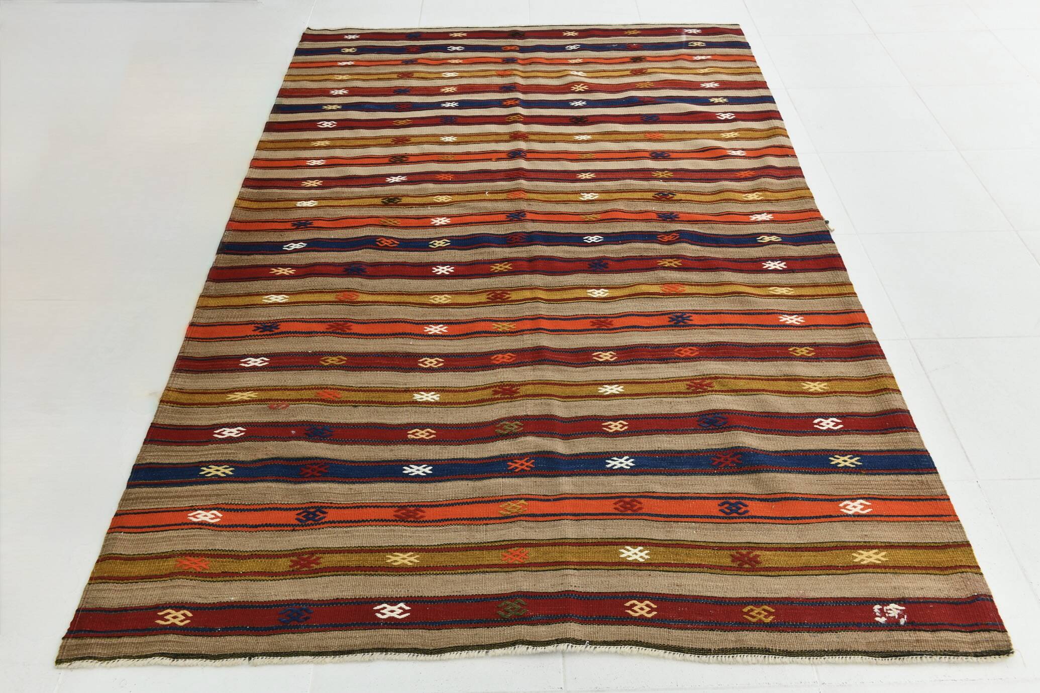 Turkish Red & Blue Striped Kilim Rug, 151x244Cm