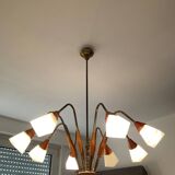 Scandinavian chandelier from the 60s in teak and opaline